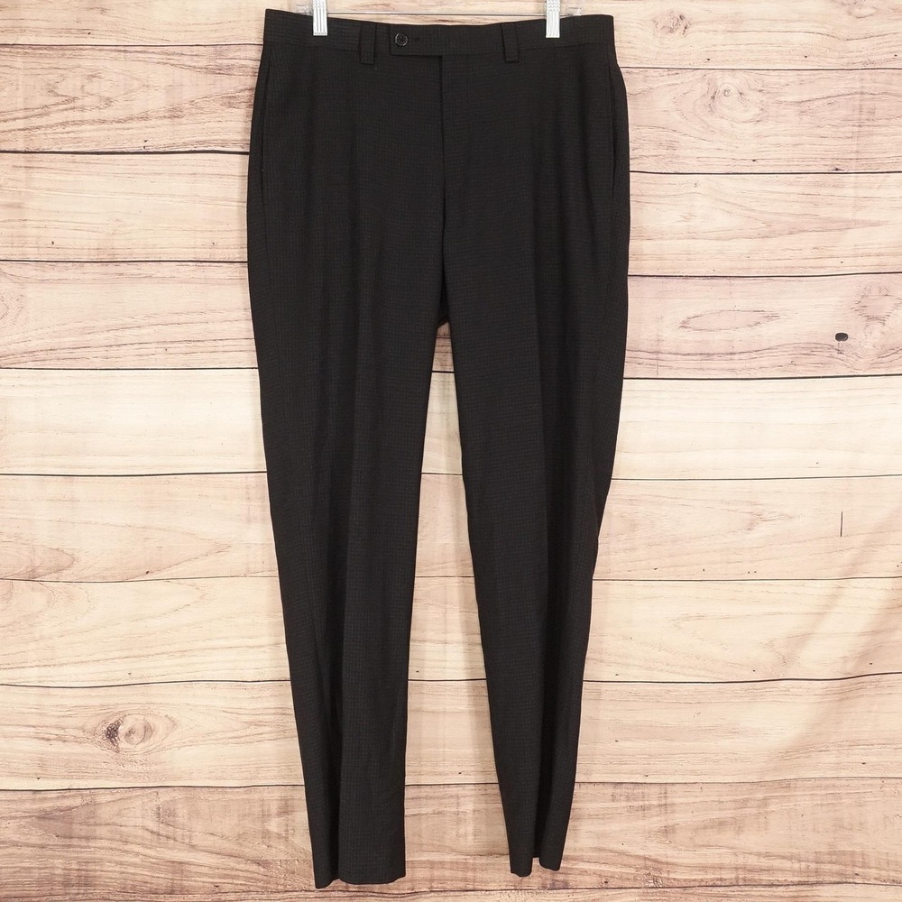 Calvin Klein Dress Pants Mens 33x32 Black Check Slim Fit Stretch Microfiber